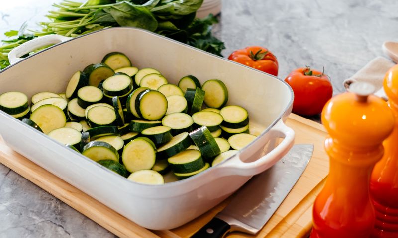 Zucchini cut up in a casserole dish