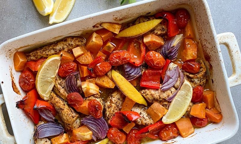 Mediterranean chicken tray bake