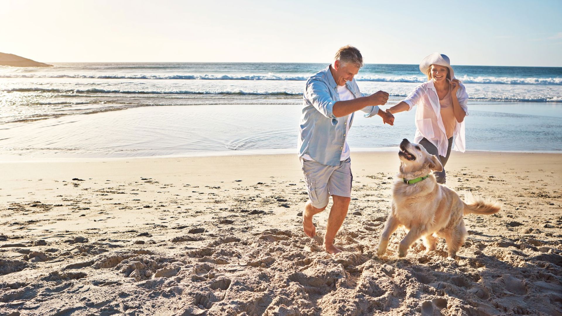 A couple playing with their dog at the beach in summer.