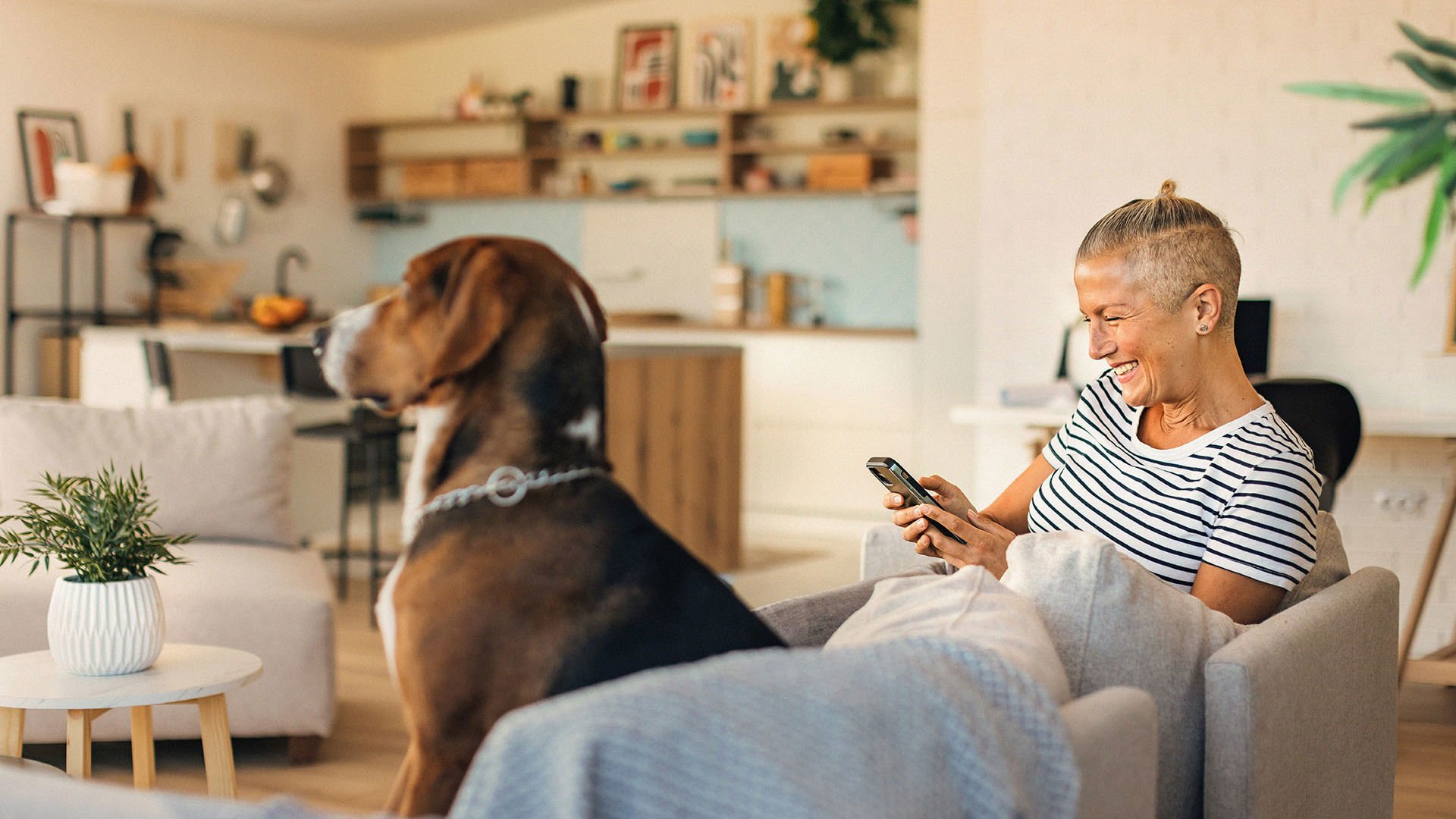 Single female choosing health insurance online on the couch with her puppy