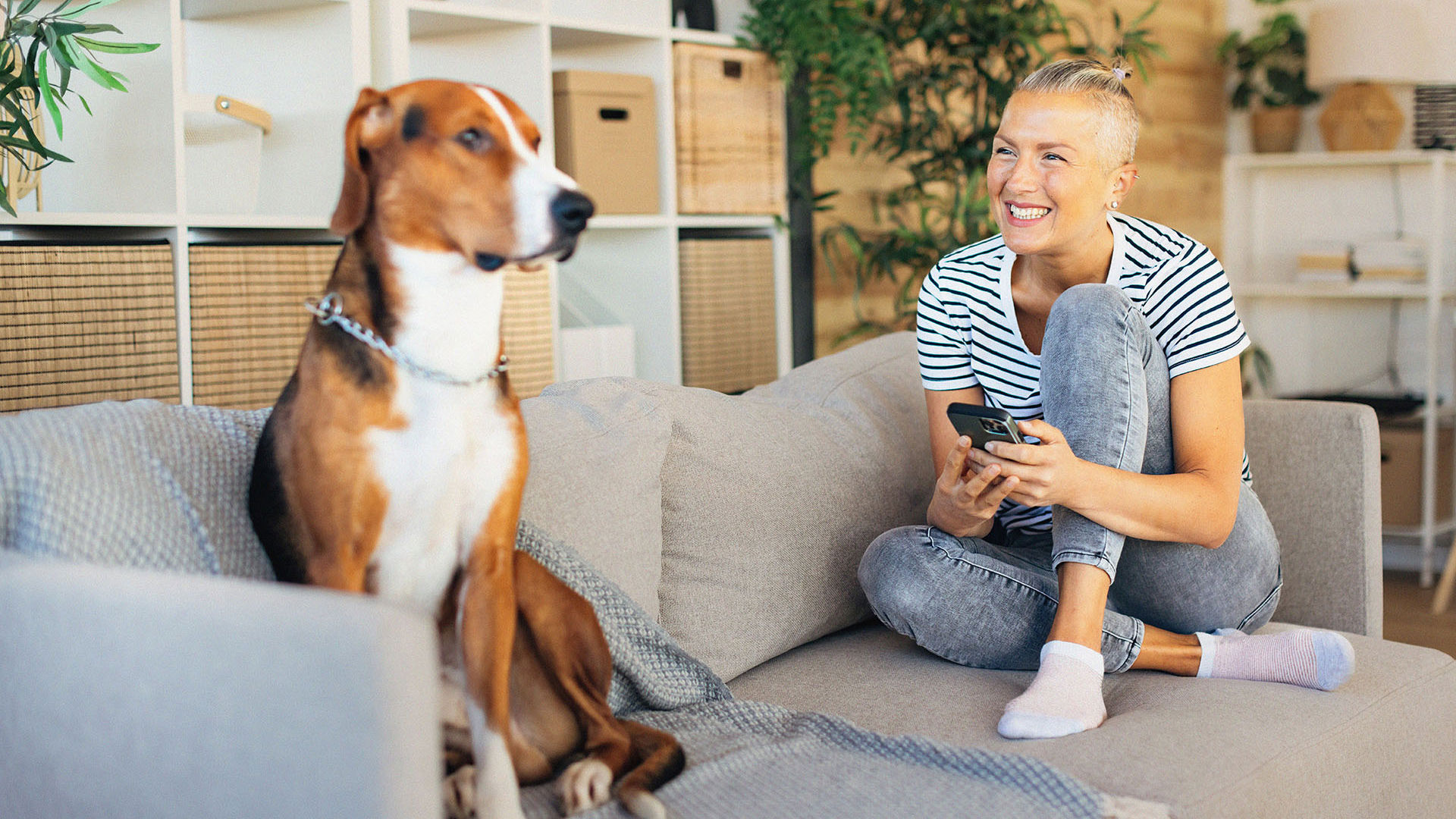Female sitting on the couch with her dog looking up health insurance online