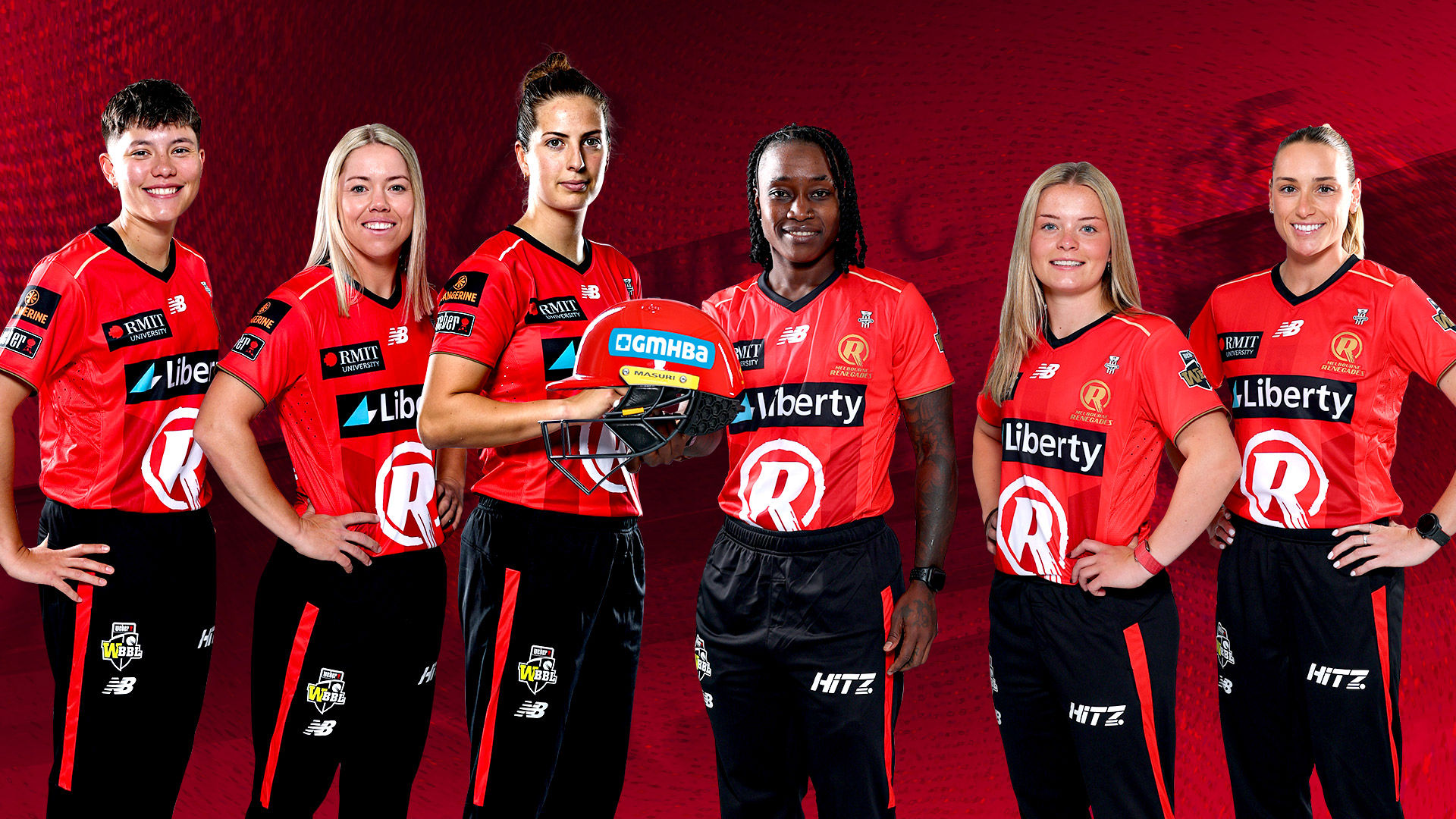 2025 Melbourne Renegades Women with GMHBA Helmet. Proud Sponsors of Renegade Cricket.